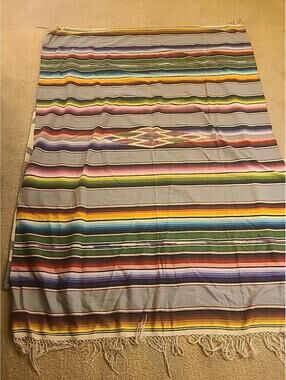 Vintage Cotton Loom Woven Blanket Throw Saltillo Serape Mexico 89"x62" W Fringe